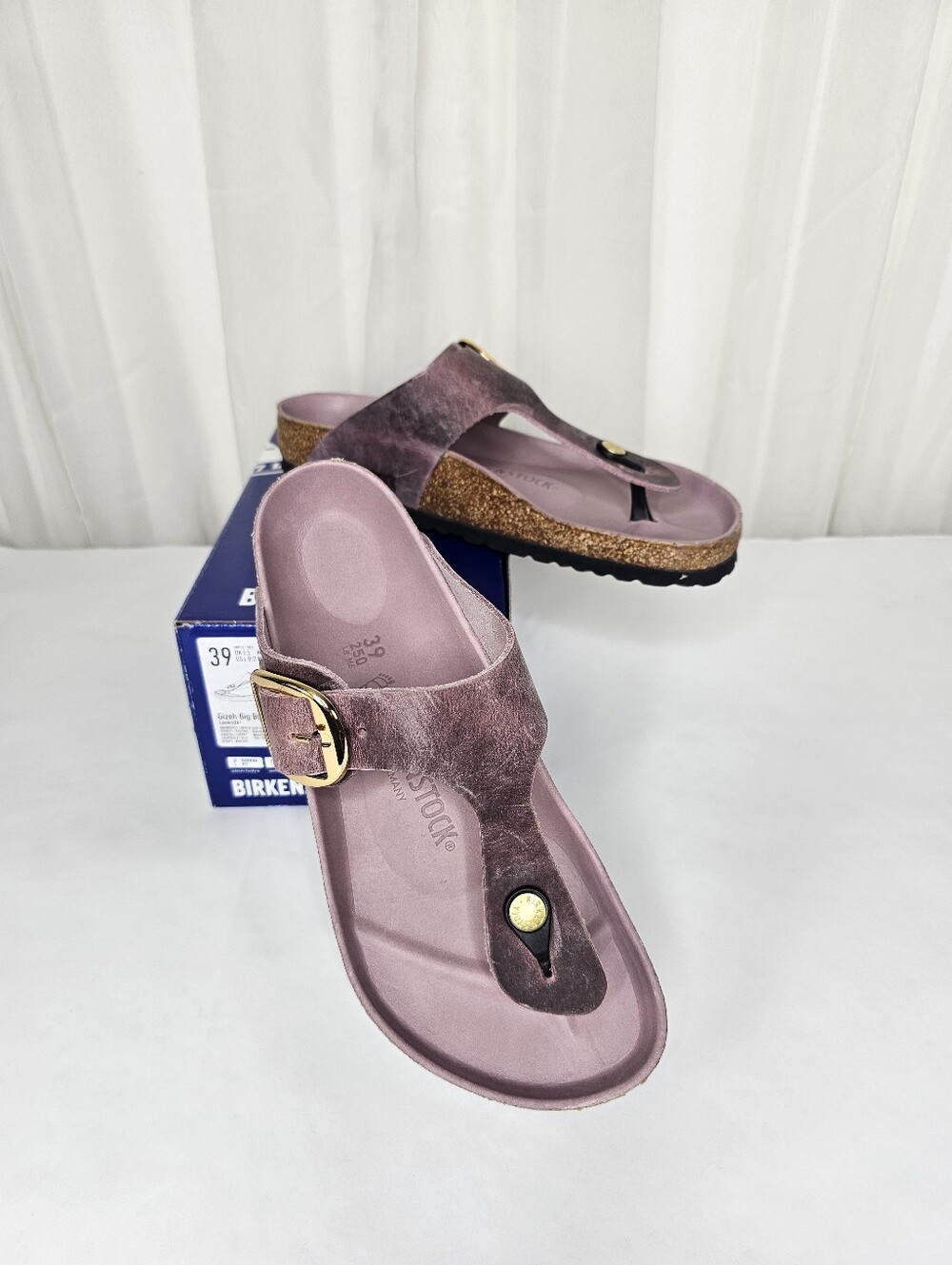 Birkenstock Gizeh Big Buckle Oiled Leather Sandals Lavender Gold NEW 39 / 8